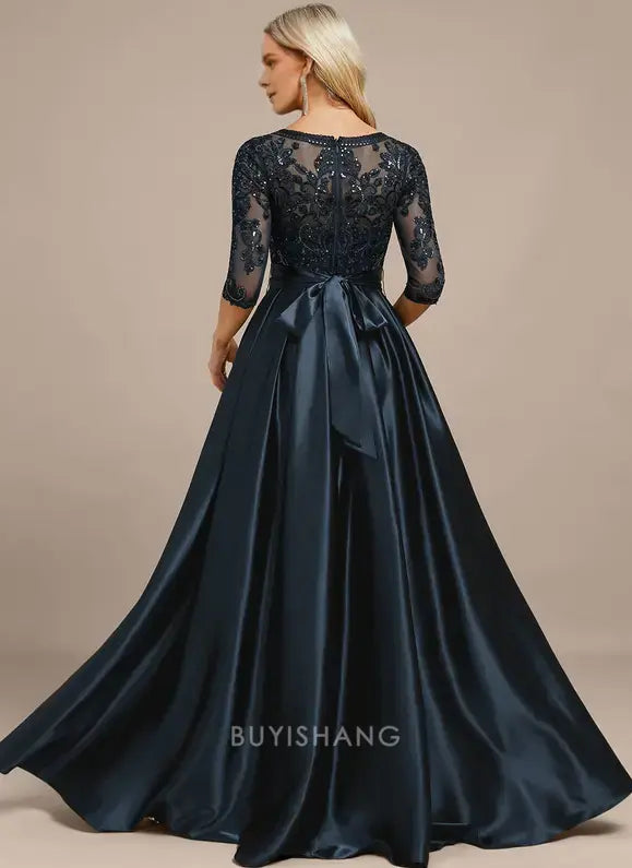 Elegant Round Neck Lace Appliqué Three-Quarter Sleeve Satin A-Line Maxi Dress with Pockets and Bow Detail Mother of the Bride Dress